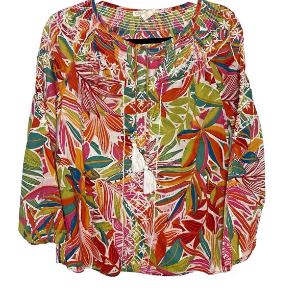 C&C CALIFORNIA Womens Blouse V Neck Tie Tassel Embroidered Long Sleeves Floral S - Picture 1 of 9